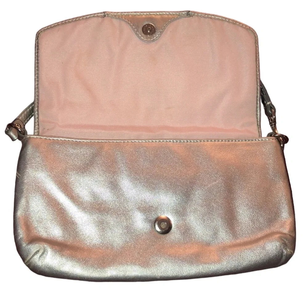 Coach  silver metallic genuine leather large wristlet or clutch 9” long  …